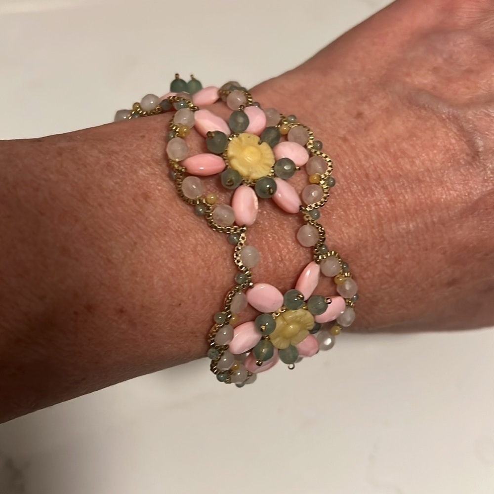 Natural Stone Vintage Crochet Macrame Stone and Chain Tonge and Groove Bracelet - Picture 2 of 6